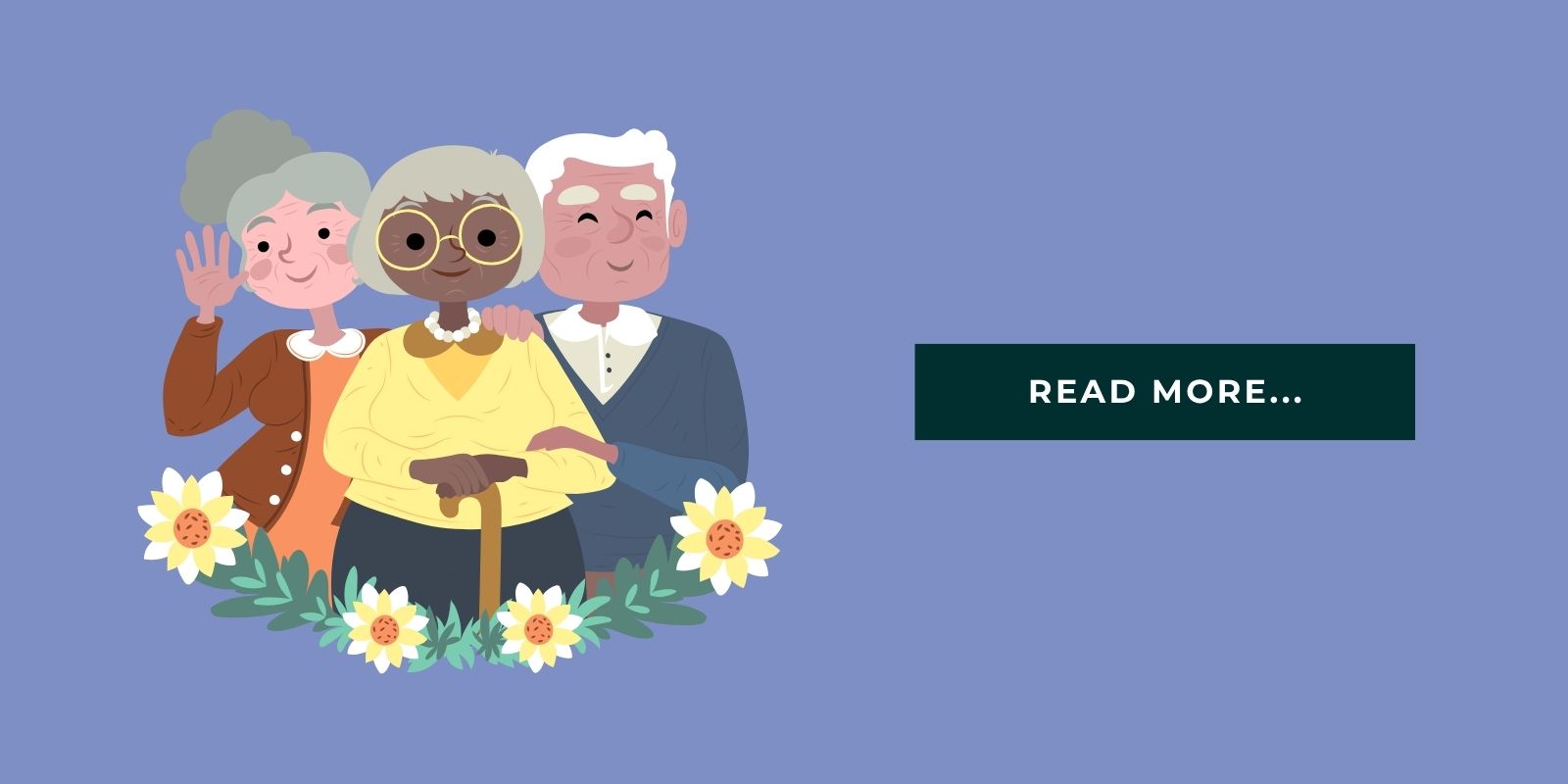 Blog Header Illustration three seniors standing together and it says 'read more'
