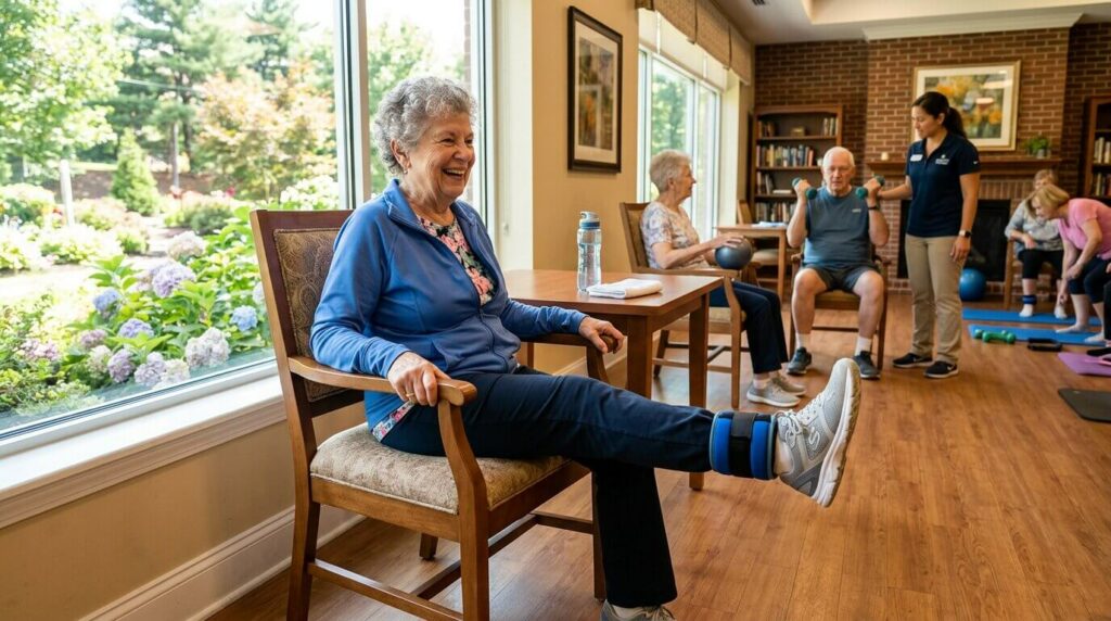 a senior doing leg exercises in a senior living community