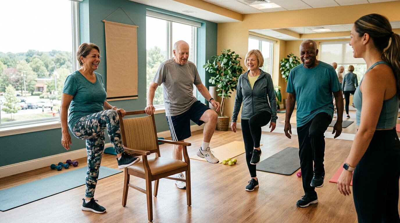 Active seniors practicing balance and mobility leg exercises in senior living.