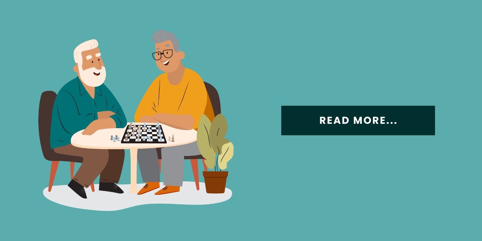 An illustration of two seniors playing board games with a button that says, "Read More..."
