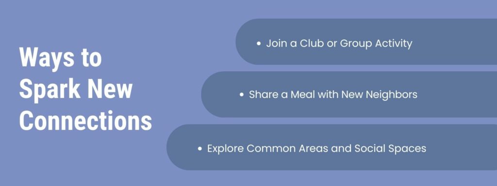 infographic that says 'Ways to Spark New Connections, Join a Club or Group Activity, Share a Meal With New Neighbors, Explore Common Areas and Social Spaces'