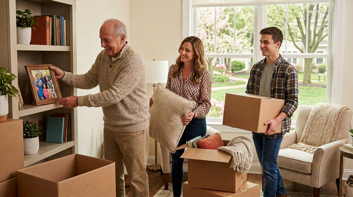 A happy senior getting help from their family to move to senior living.