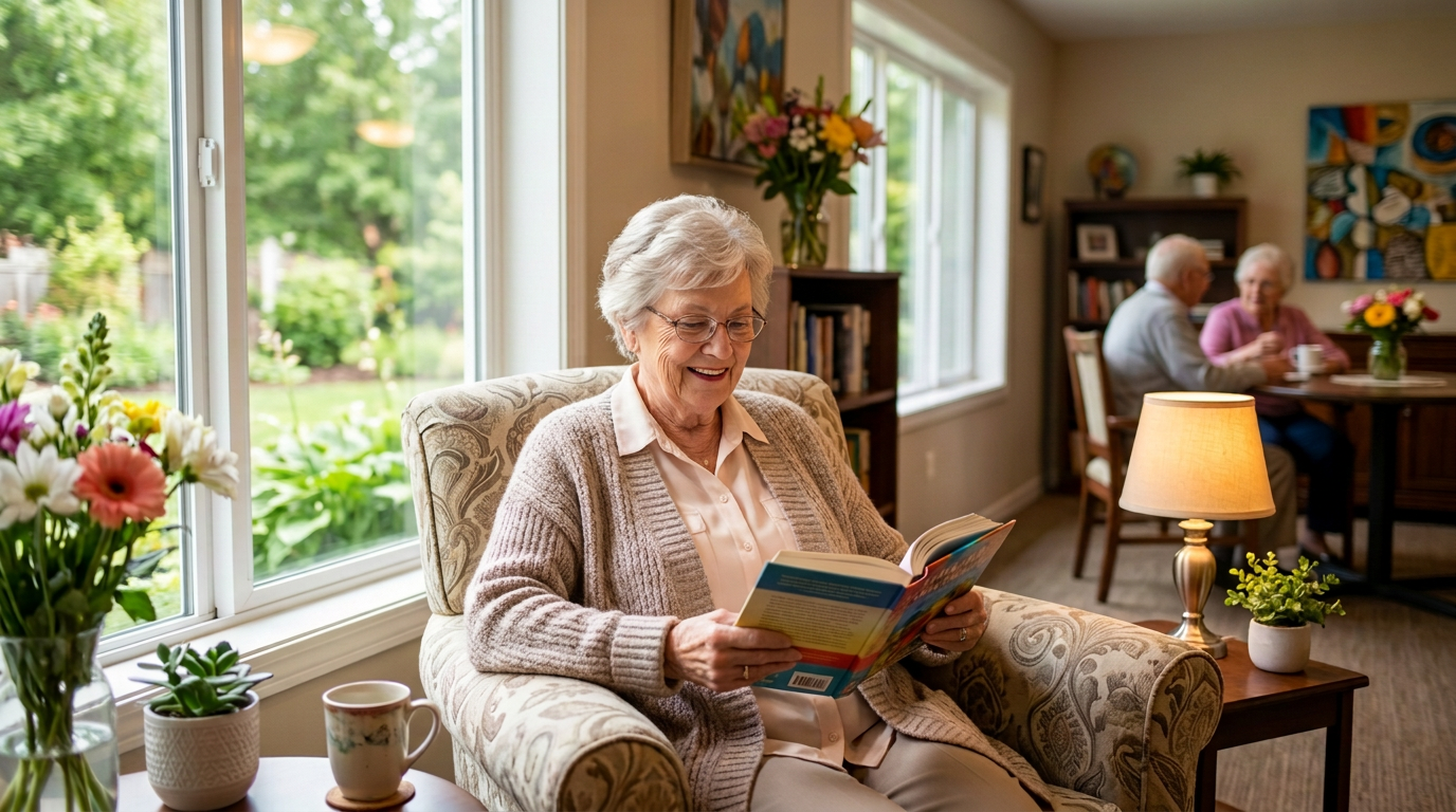 a smiling senior reading a book in senior living