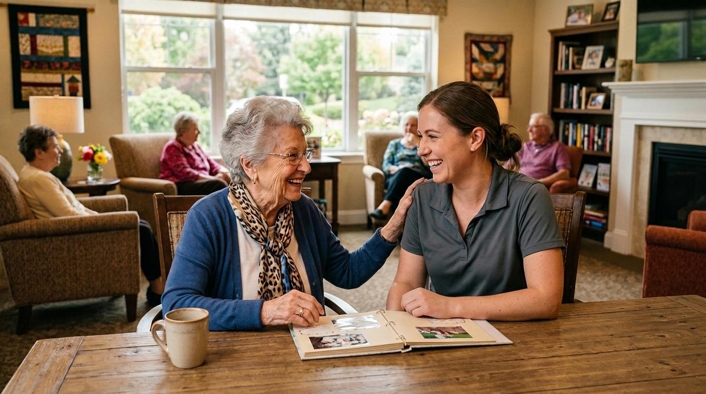 Caring team member supporting a senior resident in a bright, welcoming memory care community setting.