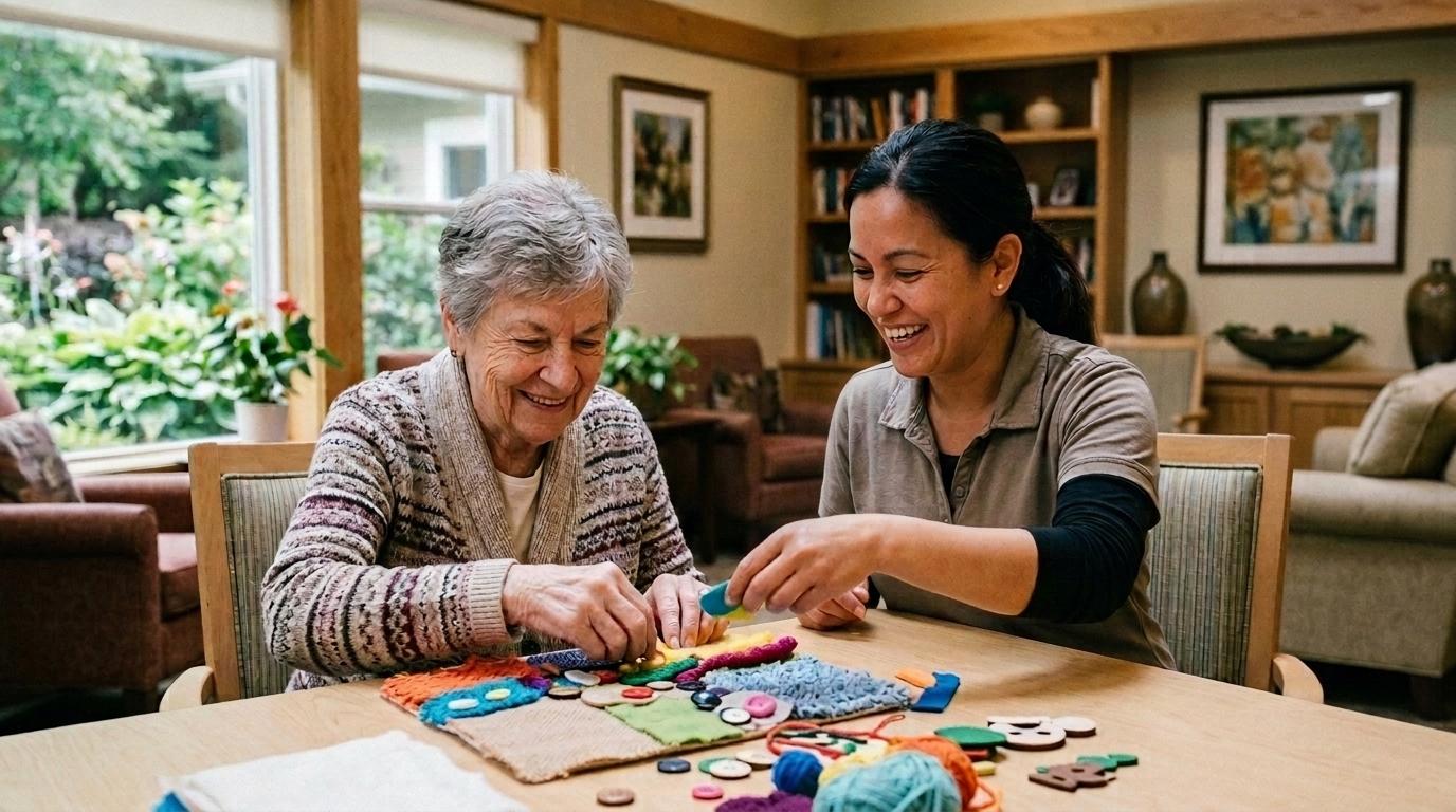 Smiling older adult enjoying a cozy activity with a caregiver in a warm, welcoming senior living community.