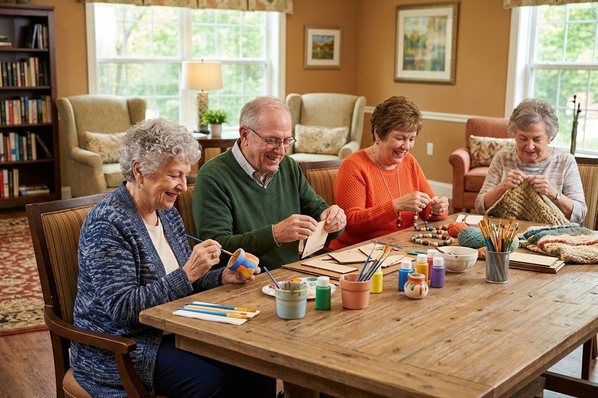 Four seniors do various crafts together around a table.