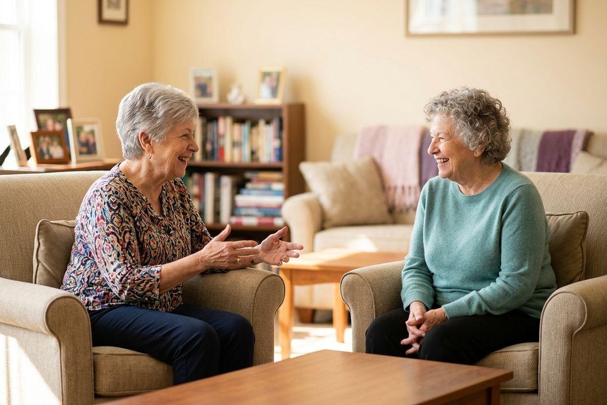 Two adults smile and chat together in a sunlit living room in a senior living community.