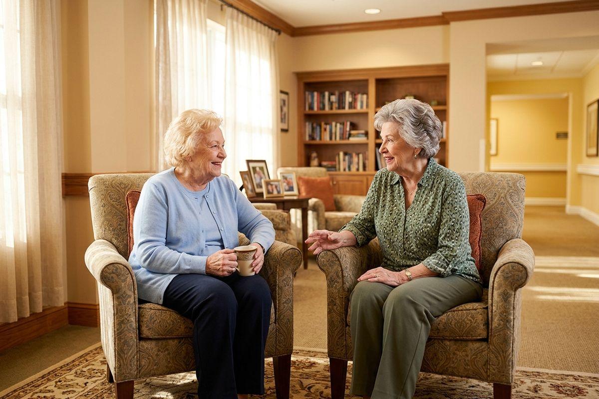 Two older adults sit side-by-side in armchairs in a comfortable, well-lit lounge of their senior living community
