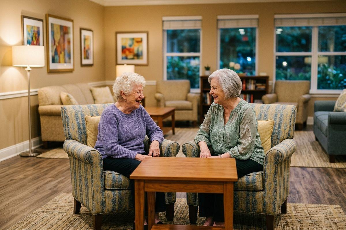 Two older adults sit in comfortable chairs and smile during the evening while spending time in a common area in their assisted living community