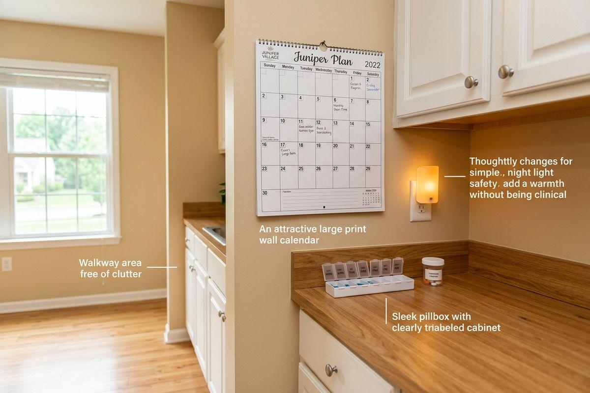 A kitchen area with a calendar, pillbox, clutter free walkway and night lights for safety in a home.