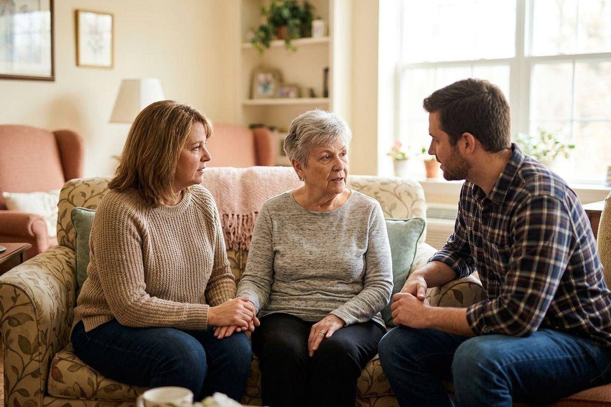 Two older adults talking to a senior parent in a brightly lit room