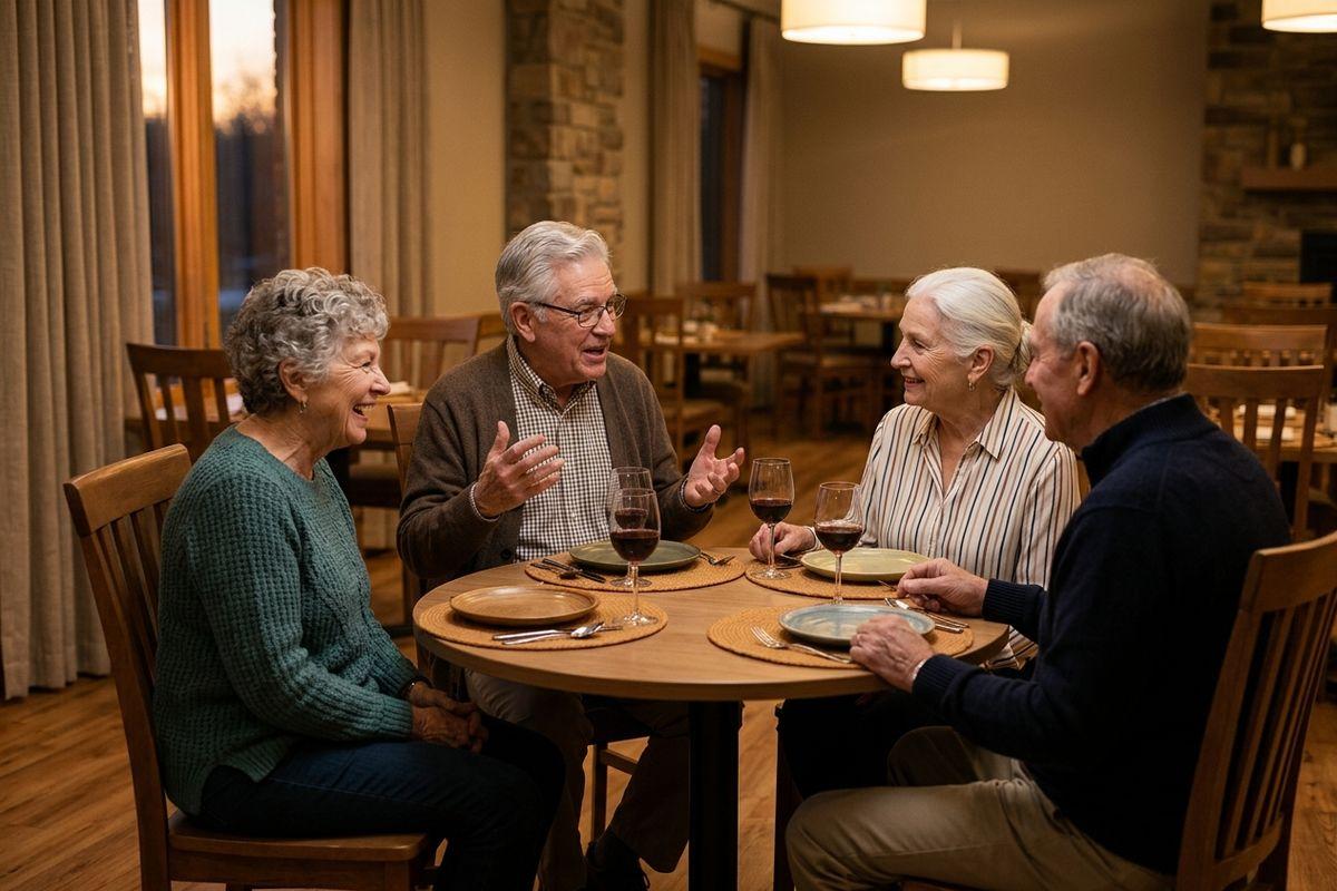 Four older adults sit talking and smiling around a round dining table set with plates and glasses of wine in a warmly lit dining area.