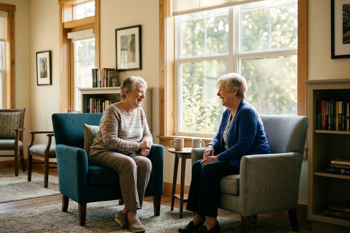 Two older adults sit in armchairs by a sunny window in their assisted living community, laughing together, with mugs on a small side table and bookshelves nearby.